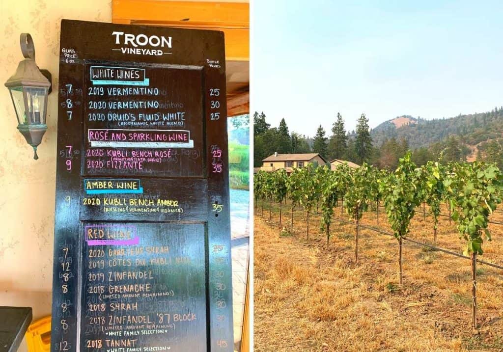 Troon Vineyard tasting menu and vineyard