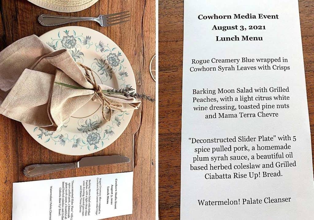 cowhorn media event lunch menu and table setting