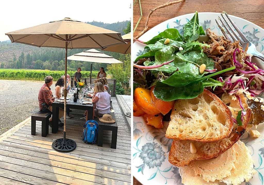 lunch plate and lunch table at Cowhorn Winery