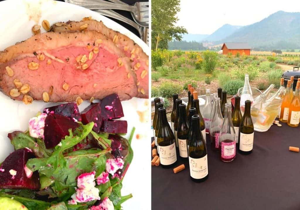strip steak, salad, and Troon wines