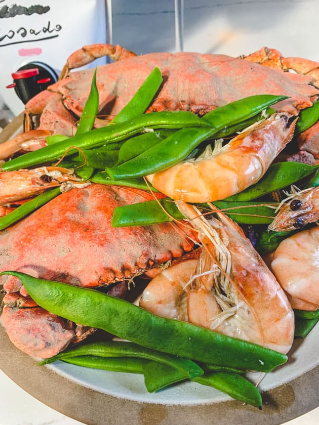 Rock crab boil with shrimp ad romano beans