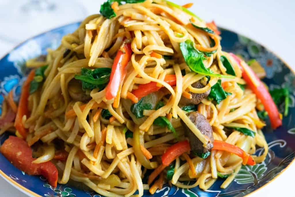large pile of vegetarian Singapore curry noodles