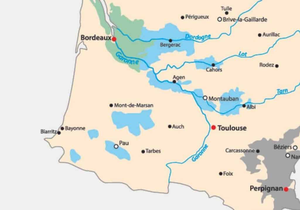 Map of Southwest France with wine growing regions colored in blue