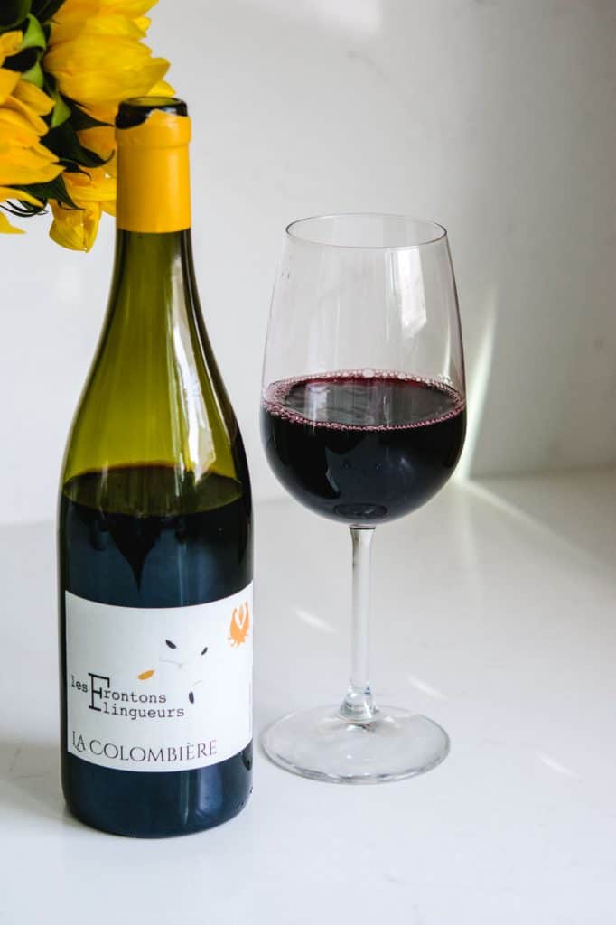 2017 La Colombiere Fronton Negrette wine bottle and glass