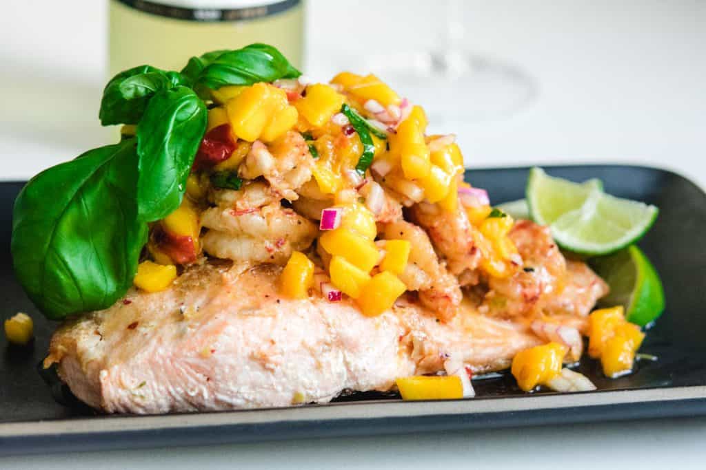 salmon plate with shrimp and salsa