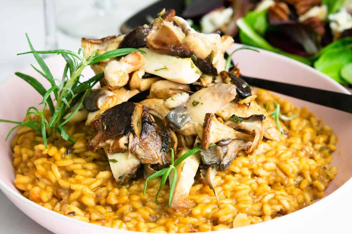Close up shot of Wild Mushroom Risotto with Rosemary Sprigs
