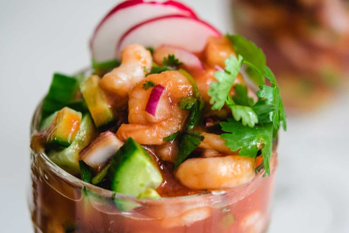 close up shot of coctel de camaron in a glass