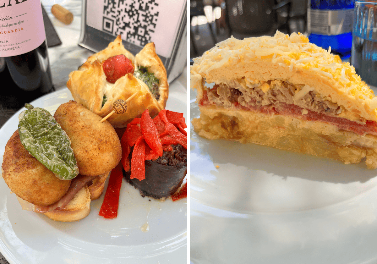 Pintxo plate and tuna potato omellete on white round plates