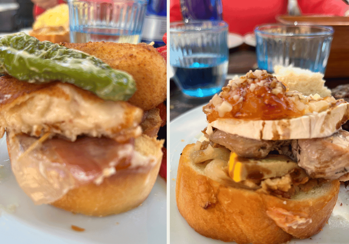 Side by side photos of potato croquette and foie gras pintxo.