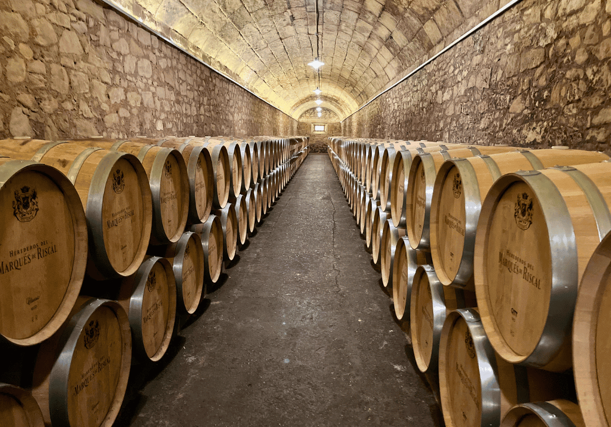 Rows of stacked barrels at Marques de Riscal winery.