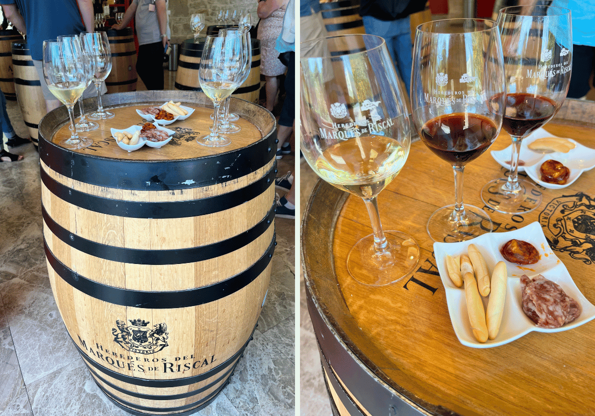 Wine glasses for tasting and nibbles at Marques de Riscal winery.