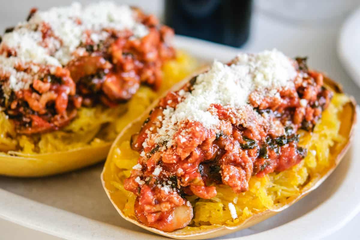 Spaghetti squash with turkey bolognese and parmesan cheese