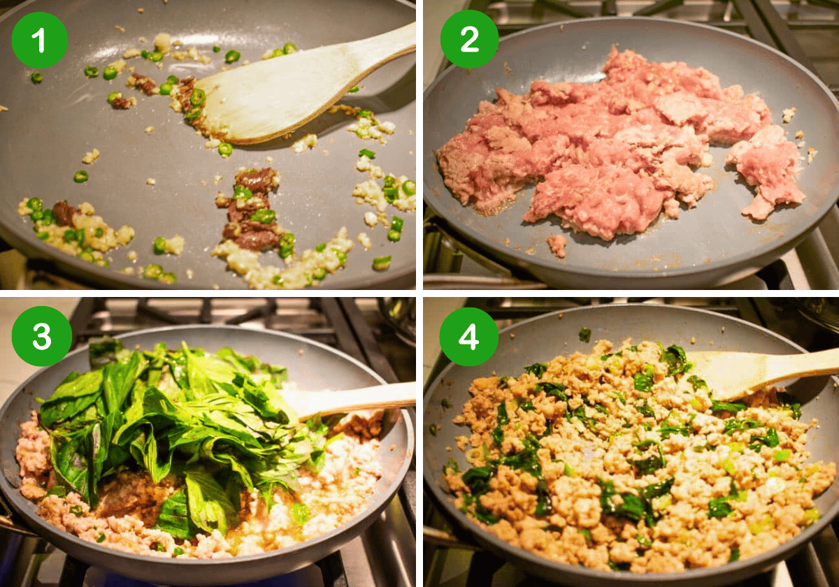 4 process shots for making Thai Basil Stir Fry Pad Kra Pao
